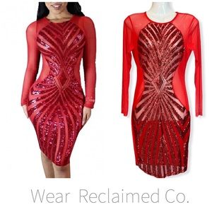 Red Sheer Mesh Geometric Bodycon Cocktail Dress